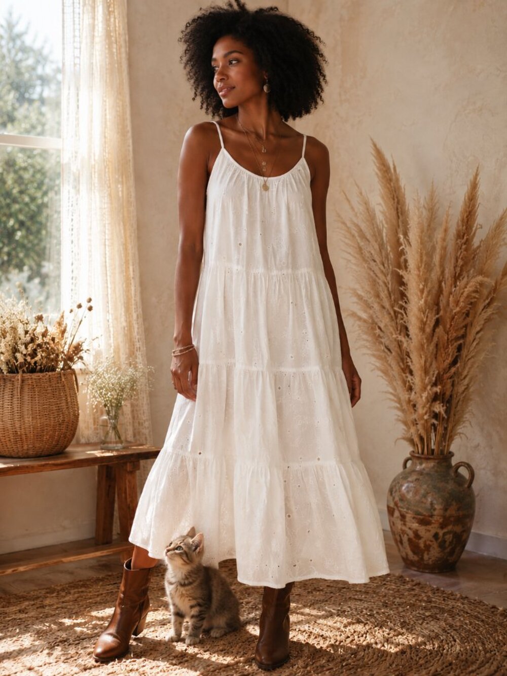 White Cotton Eyelet Tiered Maxi Dress